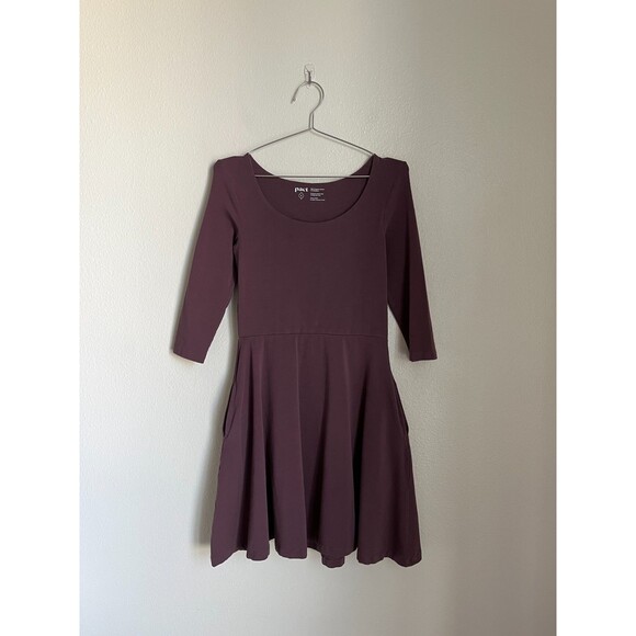 PACT Women's 3/4 Sleeve Fit and Flare Dress in Plum Size SMALL - Picture 1 of 5
